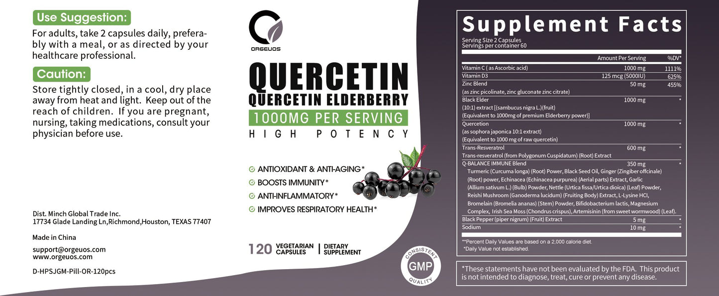 Quercetin Elderberry 1000MG Vegetarian Capsules Dietary Supplement