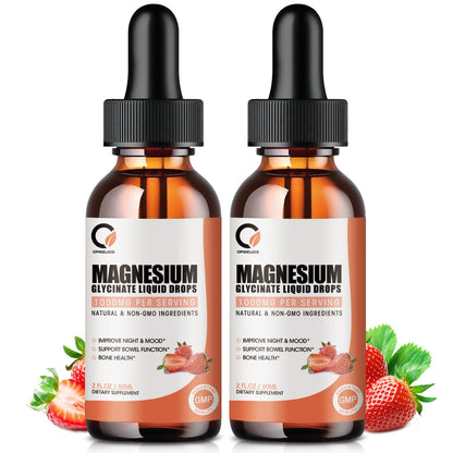 (2 Pack) Magnesium Glycinate Liquid Drops,1000mg Liquid Magnesium Supplement with Bromelain, Vitamin B6, C, D, High Absorption Magnesium Complex for Night, Muscle & Energy Support, Strawberry Flavor