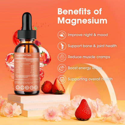 (2 Pack) Magnesium Glycinate Liquid Drops,1000mg Liquid Magnesium Supplement with Bromelain, Vitamin B6, C, D, High Absorption Magnesium Complex for Night, Muscle & Energy Support, Strawberry Flavor