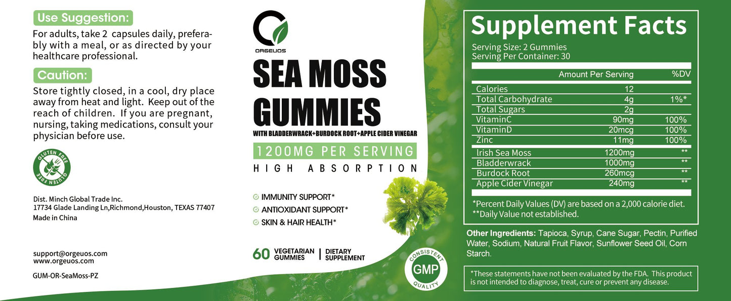 Orgeuos Sea Moss Gummies 1500mg Improves Digestion and Skin and Hair Health 60pcs