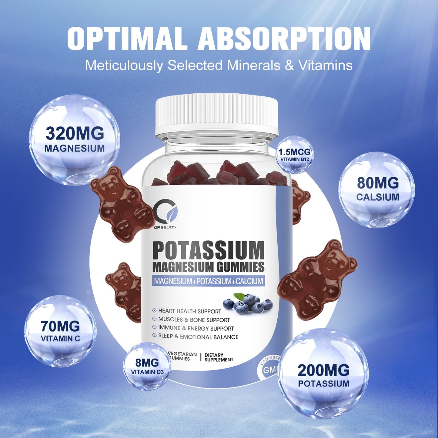 Orgeuos Potassium Magnesium Gummies with Potassium Calcium, Zinc, Vitamin Support Leg Cramps & Muscle & Heart Health