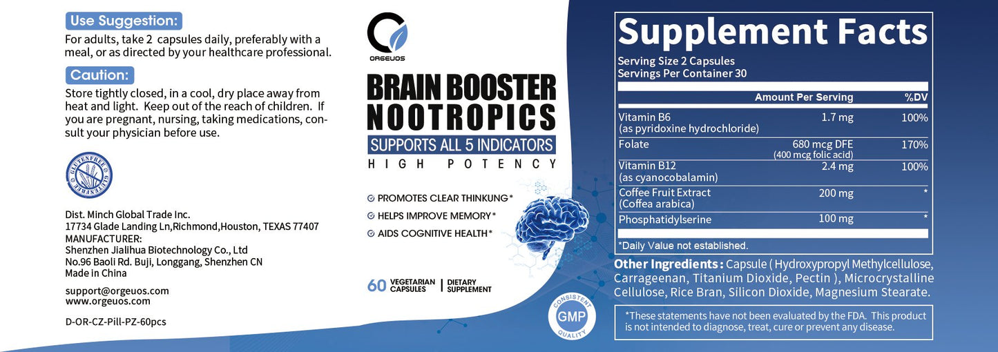 Orgeuos Brain Booster Nootropics With (Folic Acid, B6, B12) Enhance Memory and Improve Brain Function