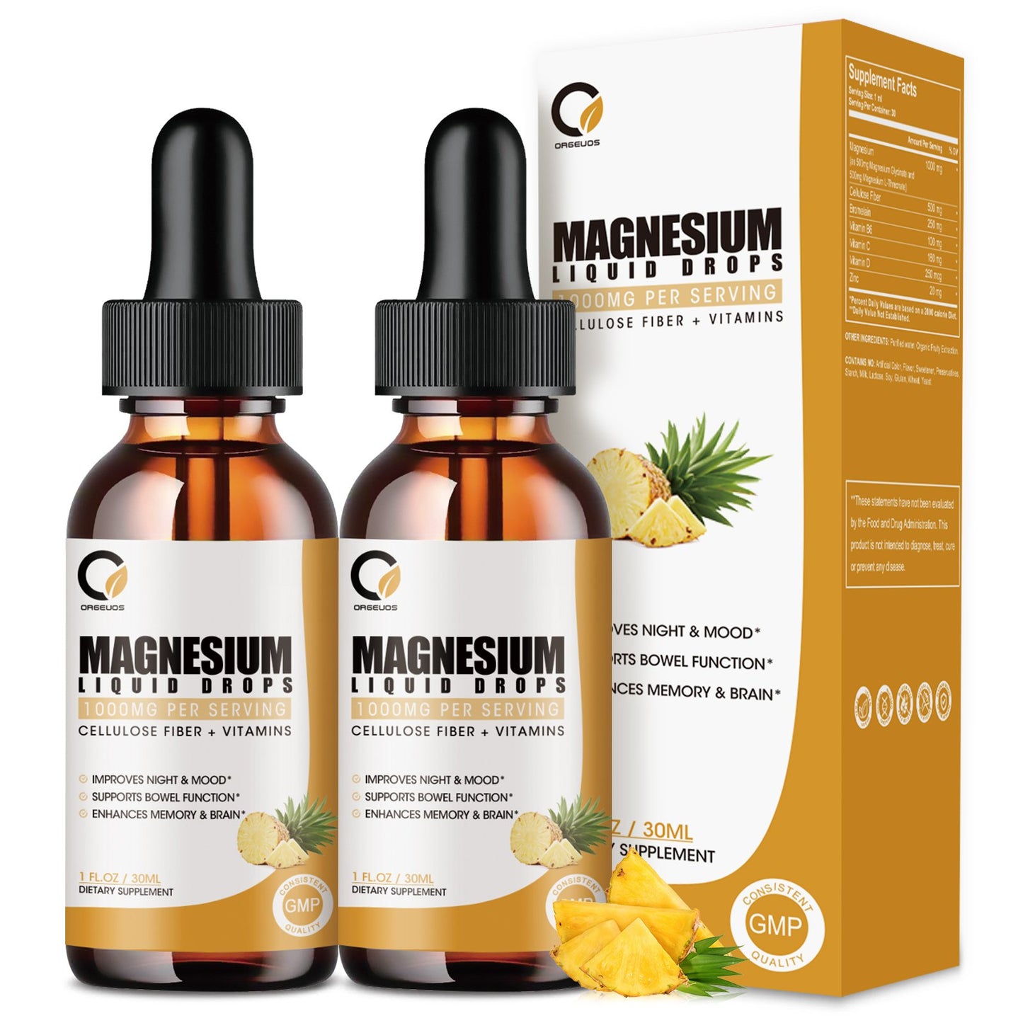 (2 Pack) Magnesium Glycinate Supplement Liquid Drops Dietary Supplement 1000MG Pineapple Flavor