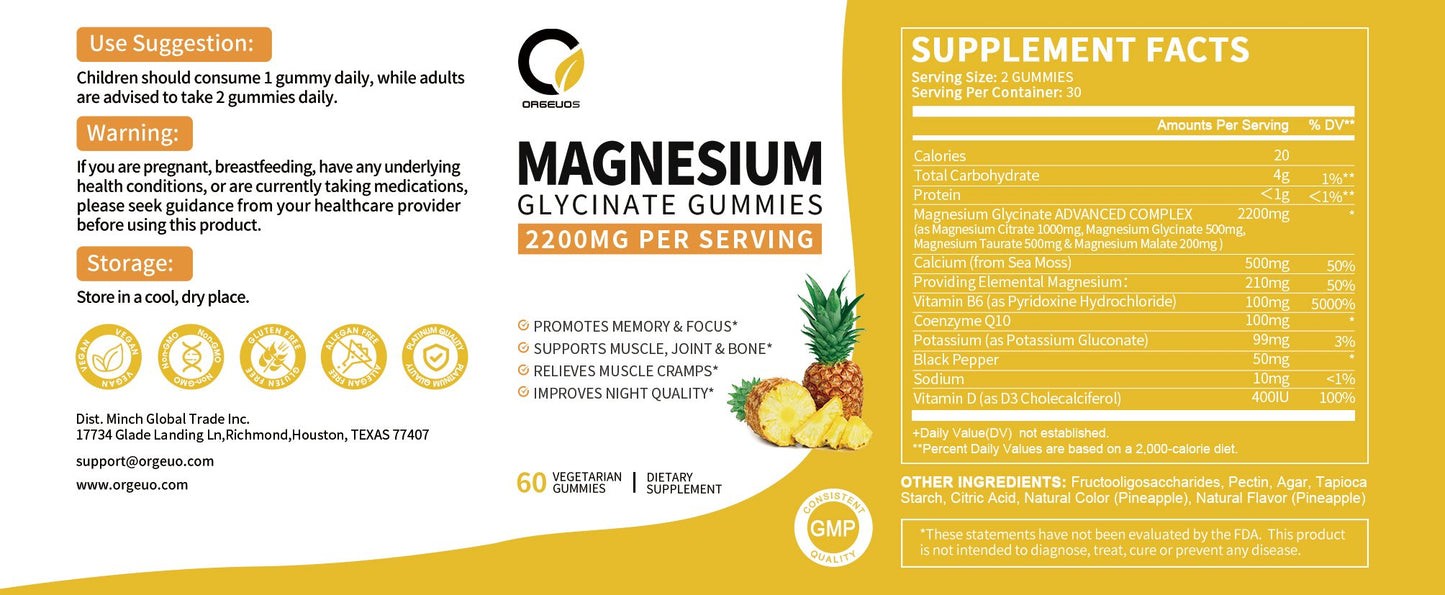 1 Pack Pineapple Flavor Magnesium Glycinate Gummies 500MG