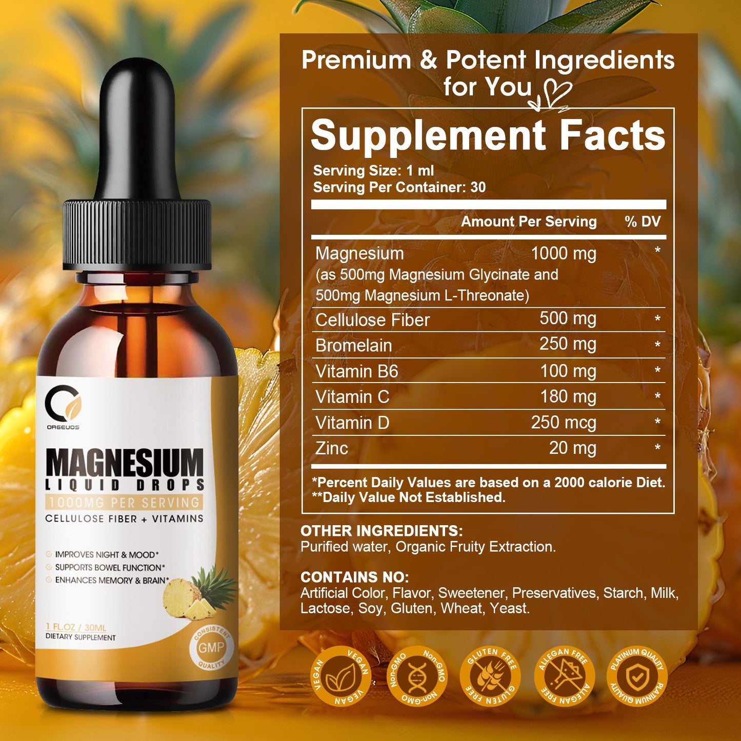 (2 Pack) Magnesium Glycinate Supplement Liquid Drops Dietary Supplement 1000MG Pineapple Flavor