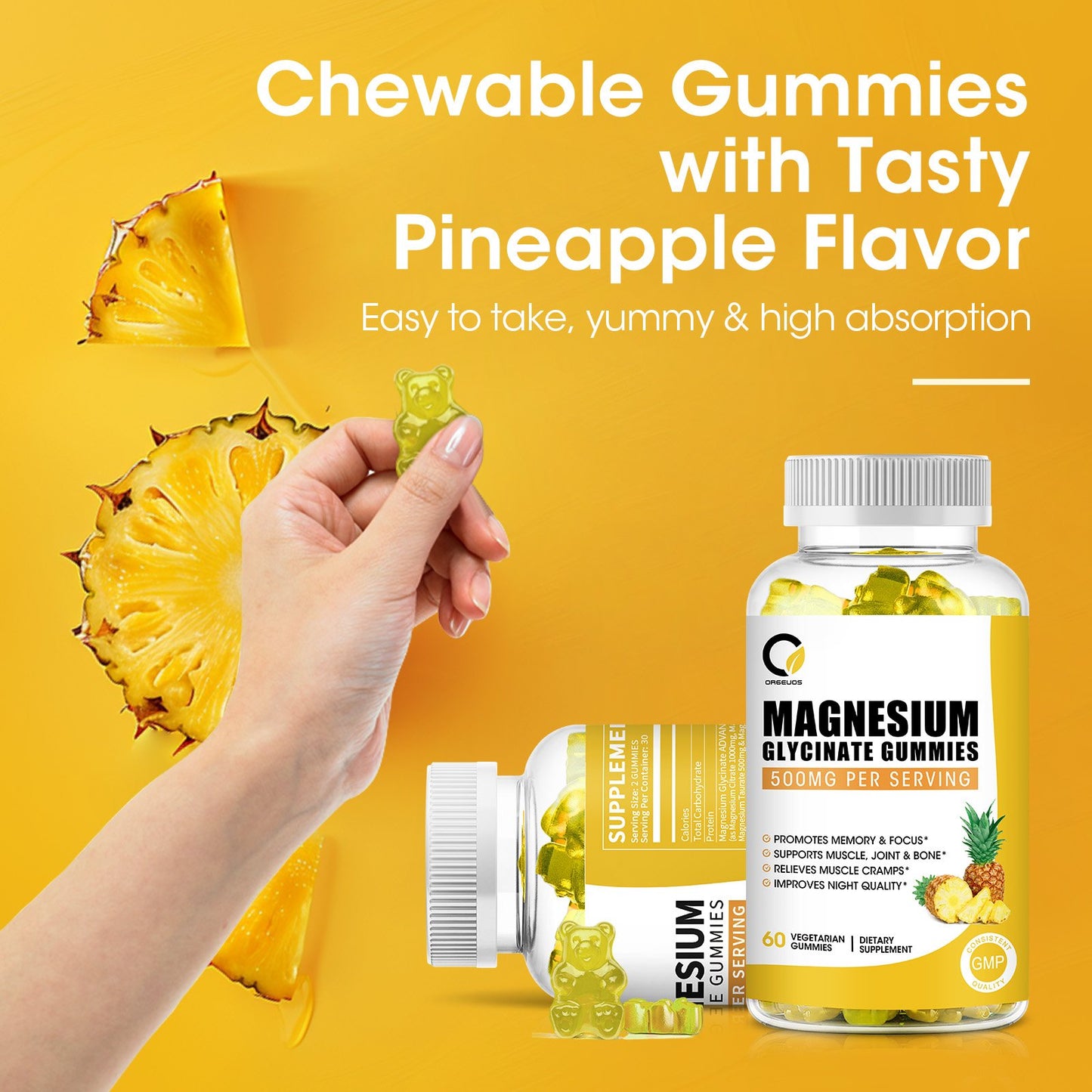 1 Pack Pineapple Flavor Magnesium Glycinate Gummies 500MG