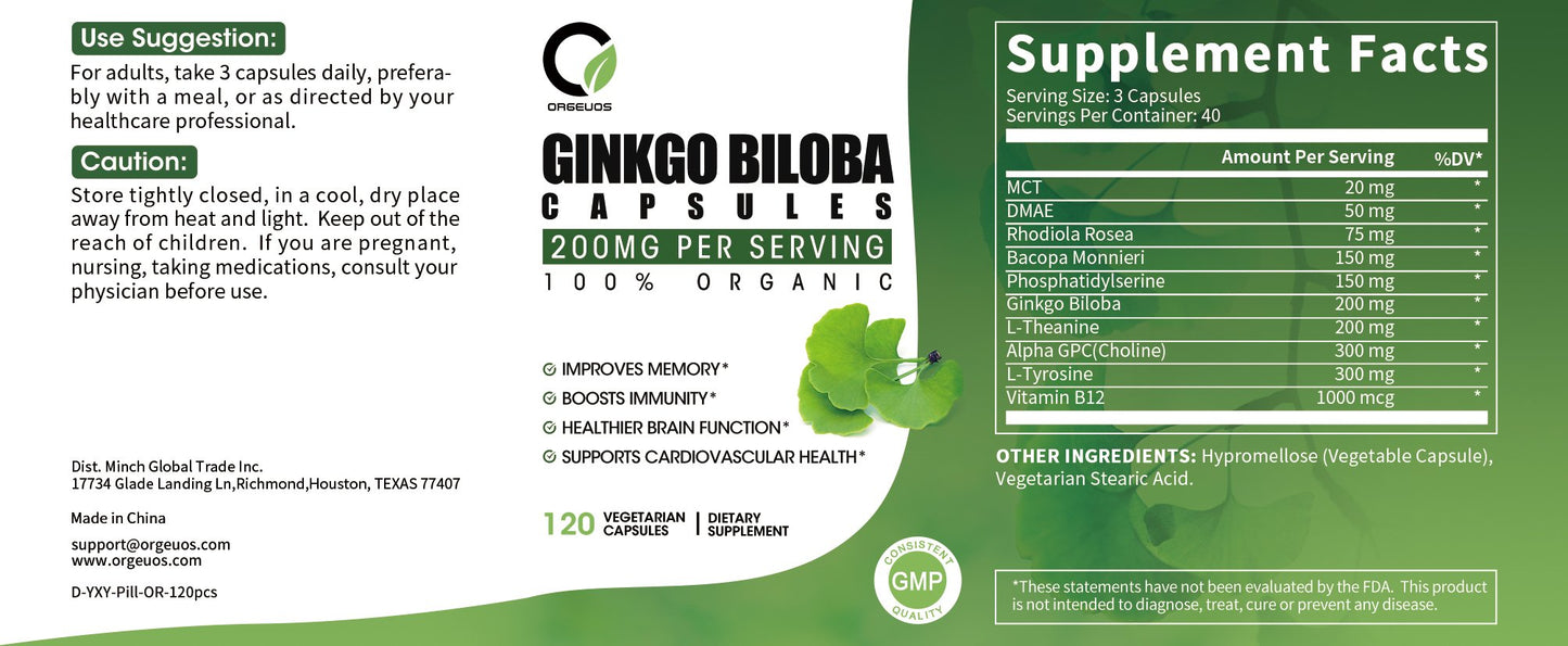 Ginkgo Biloba 200MG Organic Vegetarian Capsules Dietary Supplement