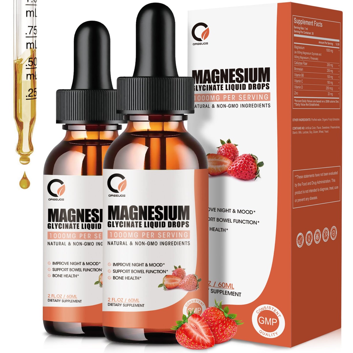 (2 Pack) Magnesium Glycinate Liquid Drops,1000mg Liquid Magnesium Supplement with Bromelain, Vitamin B6, C, D, High Absorption Magnesium Complex for Night, Muscle & Energy Support, Strawberry Flavor